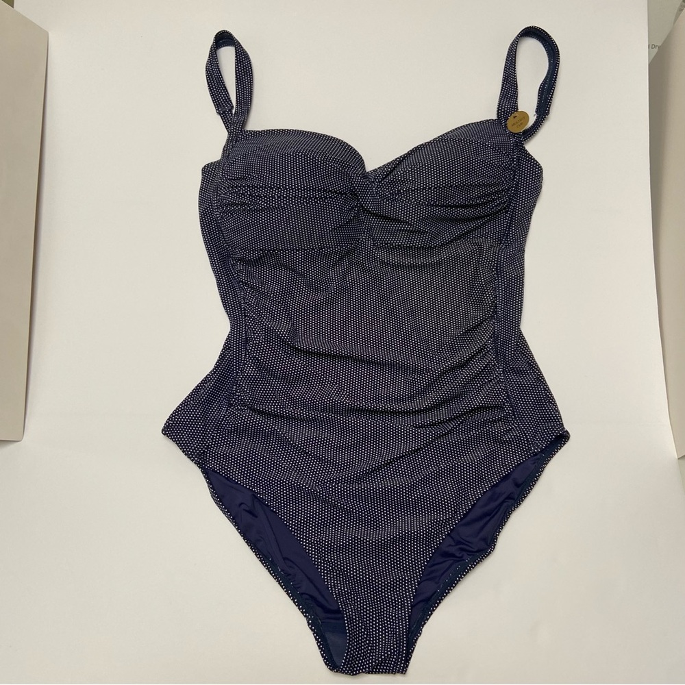 NWT NipTuck Swim 1-piece swimsuit. Blue w/white polka dots. Size 12  Fully lined